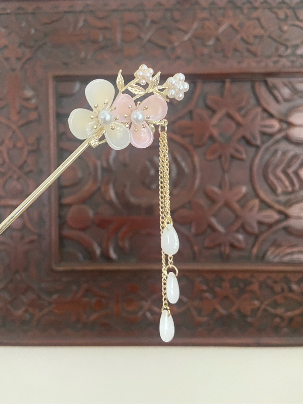 Y2k Gold Floral Hair Stick with Pearls, Opalite Dangle and Pink and Cream Petals - Picture 7 of 7